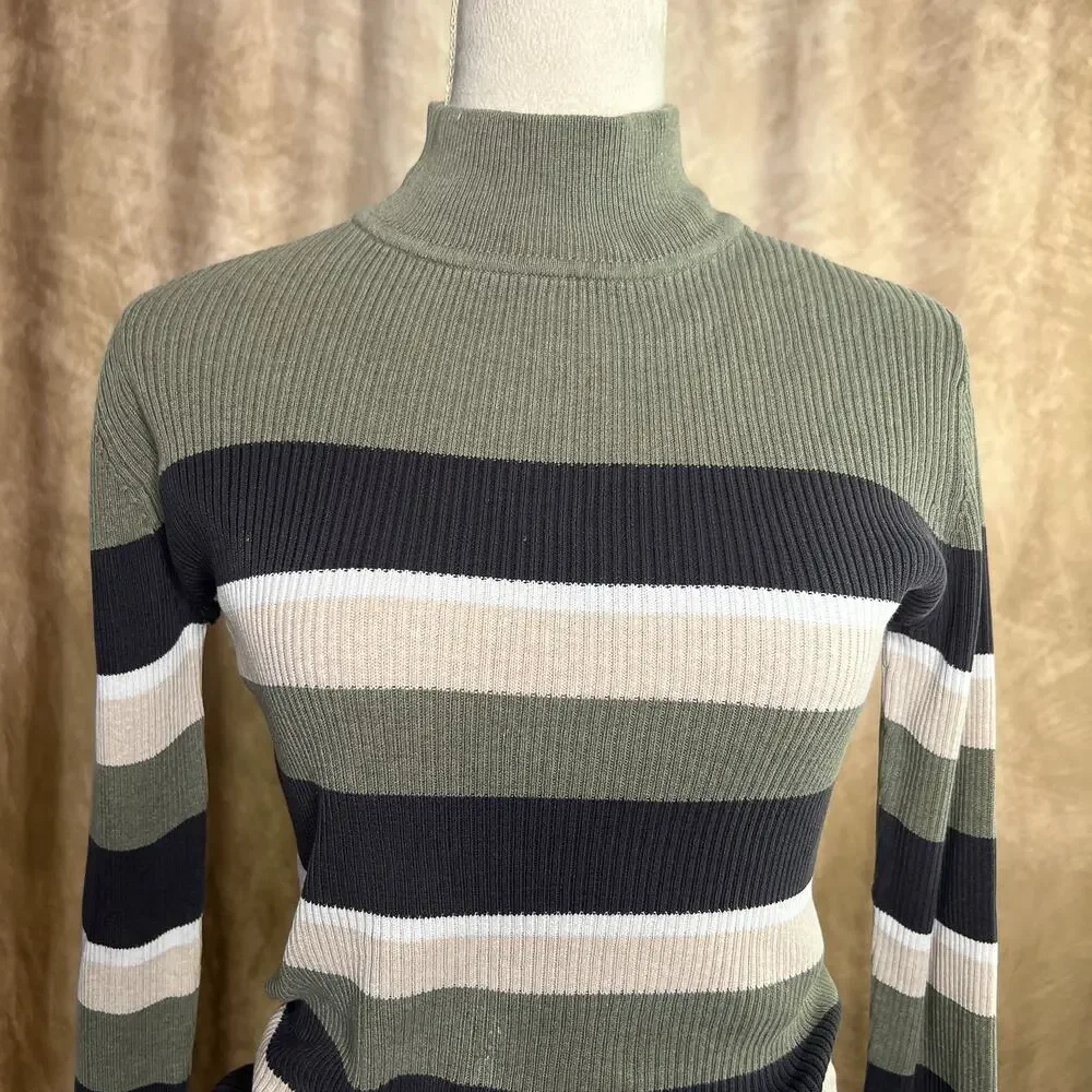 Y2K Striped Ribbed Sweater High Neck Long Sleeve Green Black Tan Skater Grunge - Picture 3 of 8